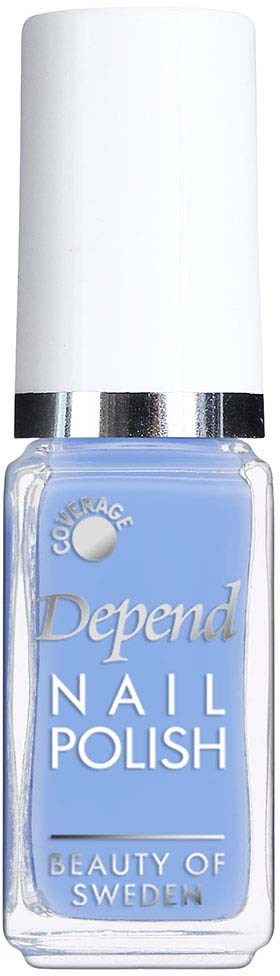 A blue nail polish bottle with a white cap and silver band, labeled "Depend Nail Polish" from Sweden.