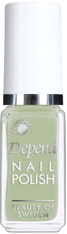 A bottle of light green nail polish with a white cap and silver band. It says 'Depend Nail Polish' and 'Beauty of Sweden.'