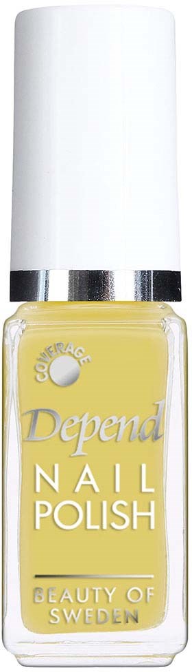 A bottle of yellow nail polish with a white cap and silver band, labeled "Depend Nail Polish" from Sweden.