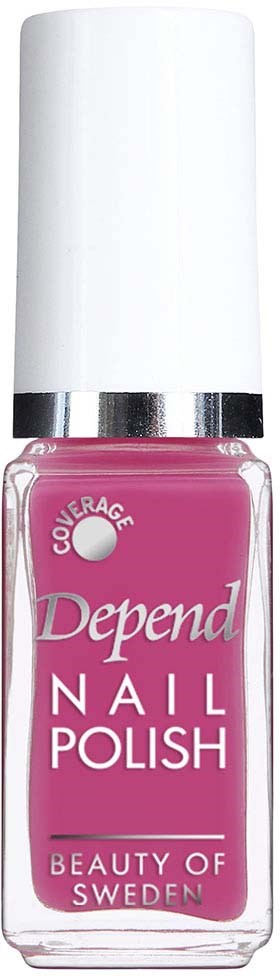 Pink nail polish bottle with a white cap, labeled 'Depend Nail Polish' from Sweden.