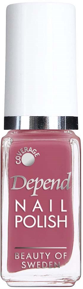 Pink nail polish bottle with a white cap, labeled 'Depend Nail Polish' from Sweden.
