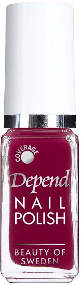 A bottle of Depend nail polish in deep pink color with a white cap and silver ring. Logo and text on the bottle.