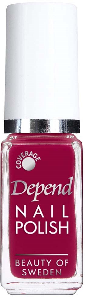 En flaska Depend nagellack i rosa med vit kork och silverband. Den säger "Coverage" och "Beauty of Sweden."