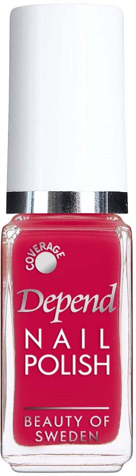 A pink bottle of Depend Nail Polish with a white cap, labeled 'Coverage' and 'Beauty of Sweden'.