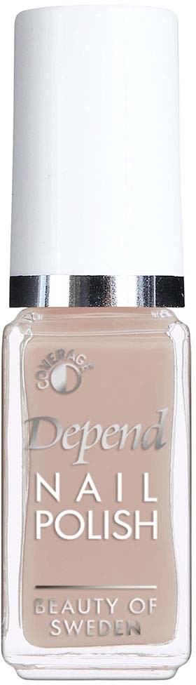 A beige nail polish bottle with a white cap and silver band, labeled 'Depend Nail Polish' from Sweden.
