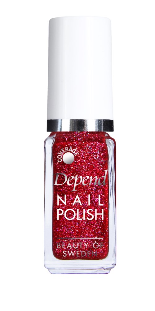 Röd glitter nagellack i en klar flaska med vit kork och silverband.