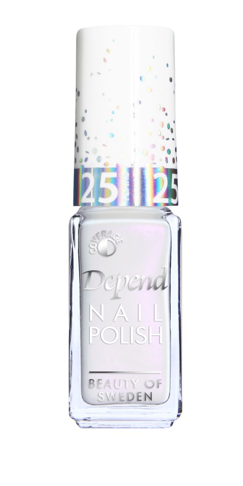 En genomskinlig nagellacksflaska med vit kork och färgglad konfettidesign, märkt 25/11/25.