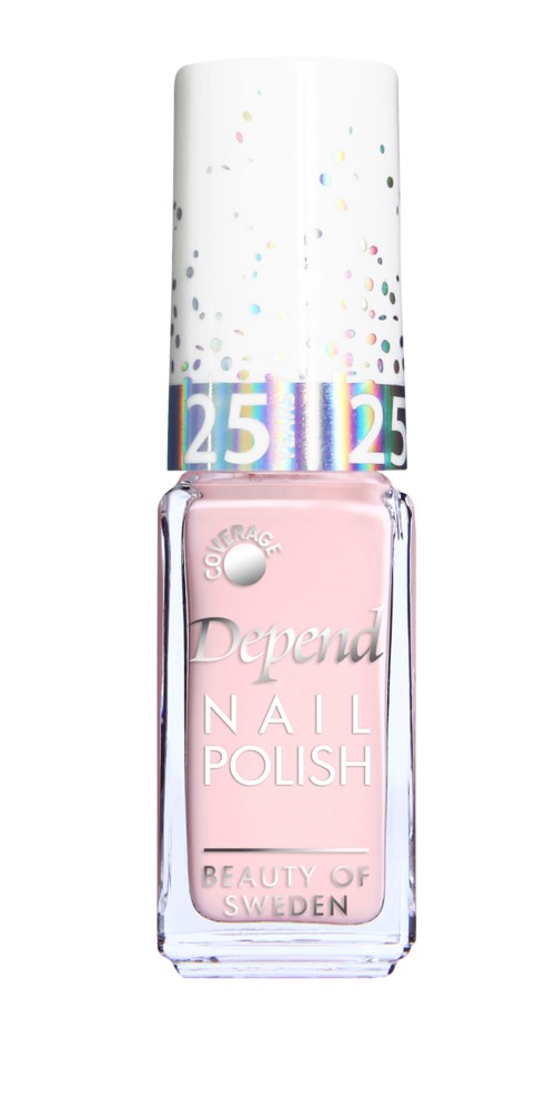 En rosa nagellackflaska med vit lock, dekorerad med färgglad konfetti och siffror, från Sverige.