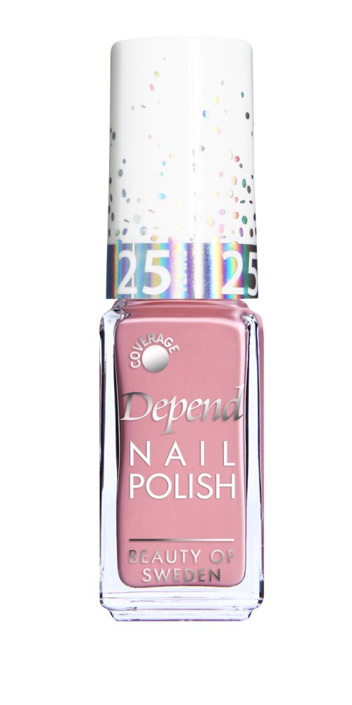 Liten rosa nagellackflaska med vit kork och färgglada prickar, märkt 'Depend Nail Polish'.