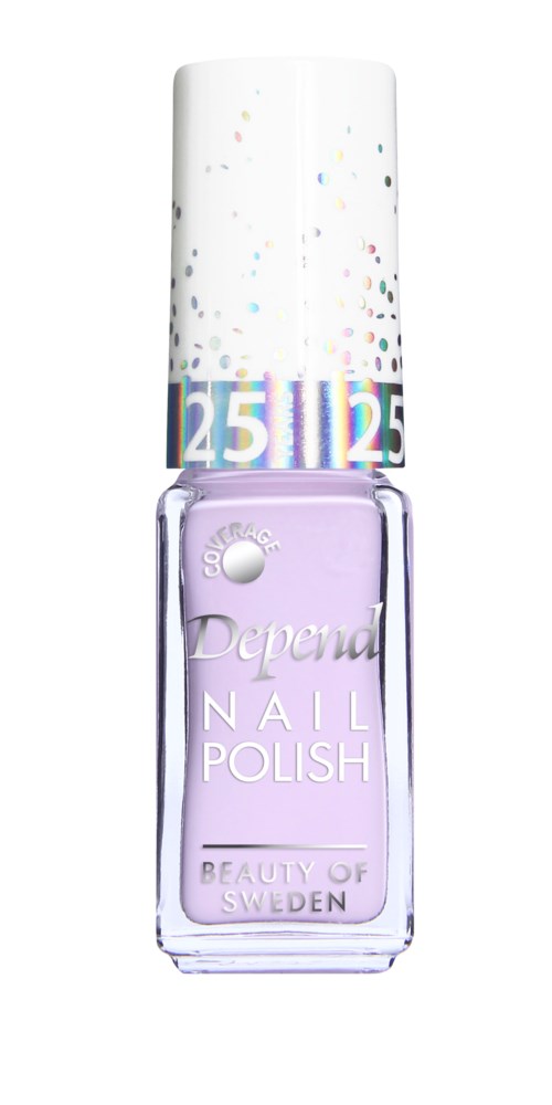 En liten flaska lila nagellack med vit kork som har färgglada prickar. Etiketten säger 'Depend Nail Polish.'
