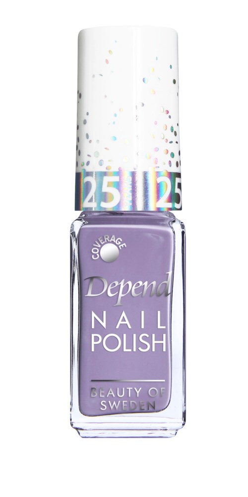 En flaska lila Depend nagellack med vit topp med färgglada prickar och siffror.