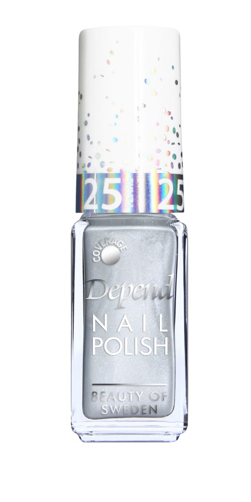 En tydlig nagellackflaska med vit kork, färgglada konfettimönster och orden 'Depend Nail Polish'.