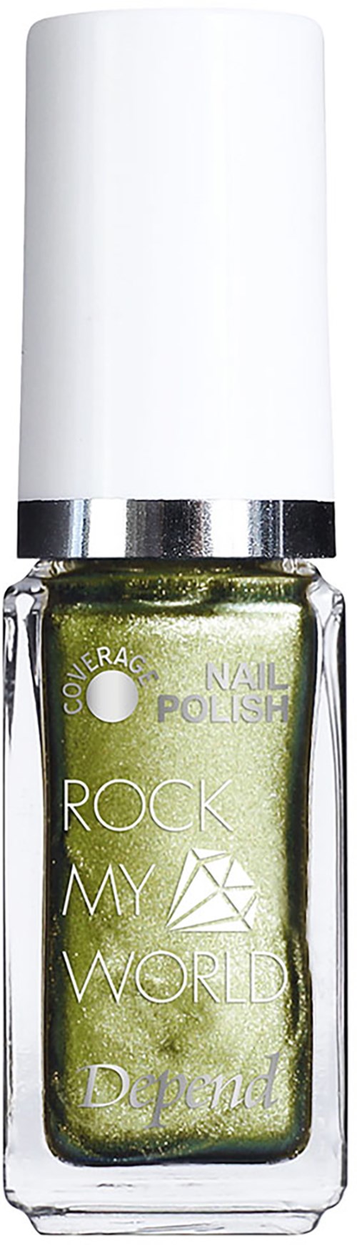 En liten glasflaska med grönt nagellack märkt 'Rock My World' med vit kork.
