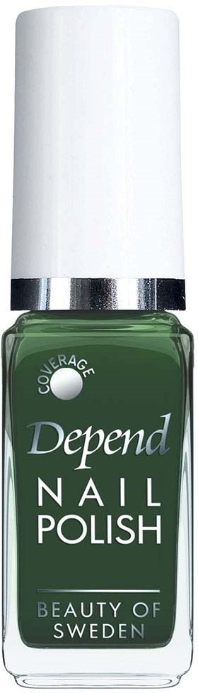 En flaska grönt nagellack med vit kork och silverband, märkt "Depend Nail Polish" från Sverige.
