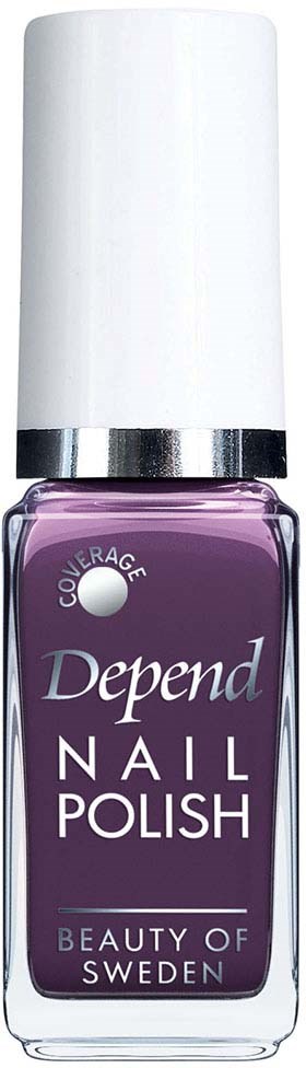 A bottle of purple Depend nail polish with a white cap and silver band, labeled 'Beauty of Sweden'.