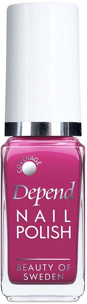 A pink Depend nail polish bottle with a white cap and silver band. The label reads "Nail Polish" and "Beauty of Sweden."