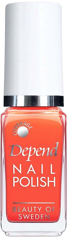 En flaska Depend nagellack i orange med vitt text och vit kork.
