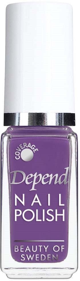 Een flesje Depend nagellak in paars met een witte dop en zilveren band.