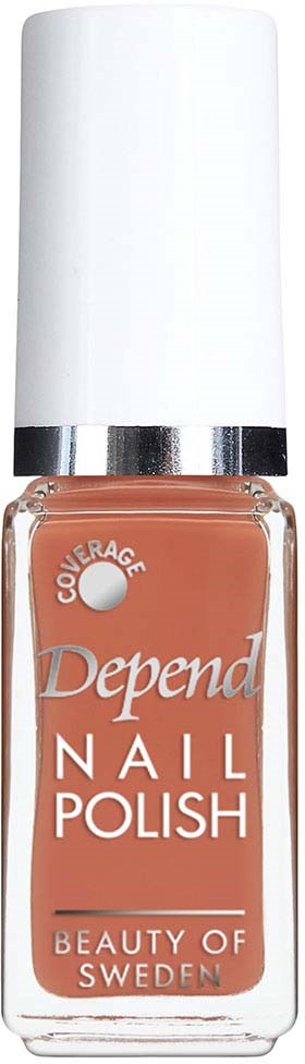 En flaska nagellack i persikofärg med vit kork, märkt 'Depend Nail Polish' från Sverige.