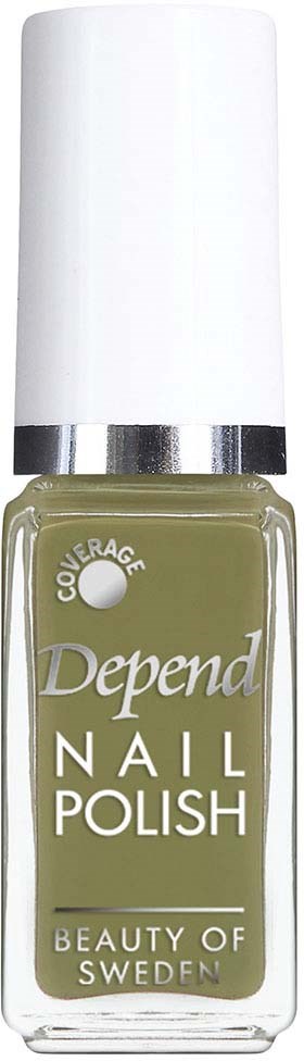 Een flesje groene nagellak met label 'Depend Nail Polish' en witte dop en zilveren band.