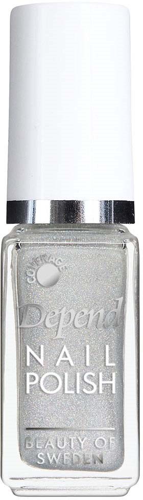 Tydlig nagellackflaska med vitt lock och silverband, märkt 'Depends Nail Polish, Beauty of Sweden.'