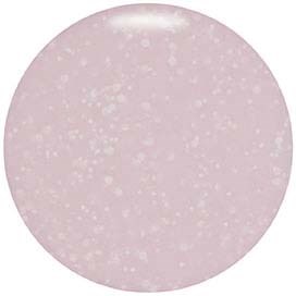 Een ronde, roze en glinsterende oppervlakte met kleine witte vlekken overal.
