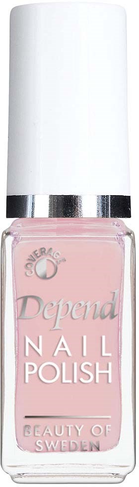 Een flesje roze nagellak met een wit deksel en zilveren band. Het is gelabeld 'Depend Nail Polish' uit Zweden.