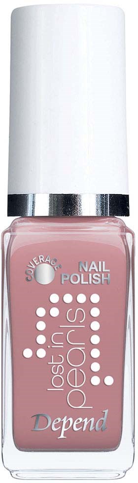 Vaaleanpunainen kynsilakkapullo, jossa valkoinen korkki, lukee "Depend" ja "Nail Polish".