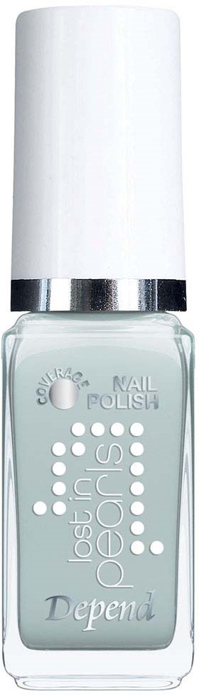 Eine hellblaue Nagellackflasche mit weißem Deckel und Silberbann, gekennzeichnet als "losing peachs" von Depend.