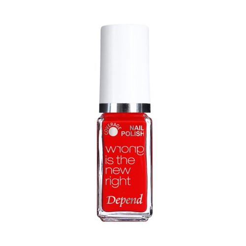 Röd nagellackflaska med vit topp, etiketten säger "Depend" och "Nail Polish".