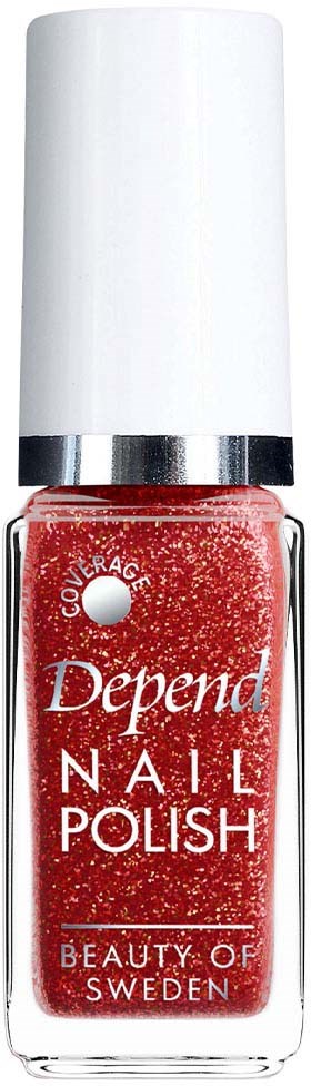 Rood glanzende nagellak in een doorzichtige fles met witte dop. Het label zegt 'Depend Nail Polish' uit Zweden.