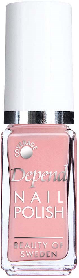 Roze nagellakfles met witte dop en zilveren band. Tekst zegt Depend, Nail Polish en Beauty of Sweden.