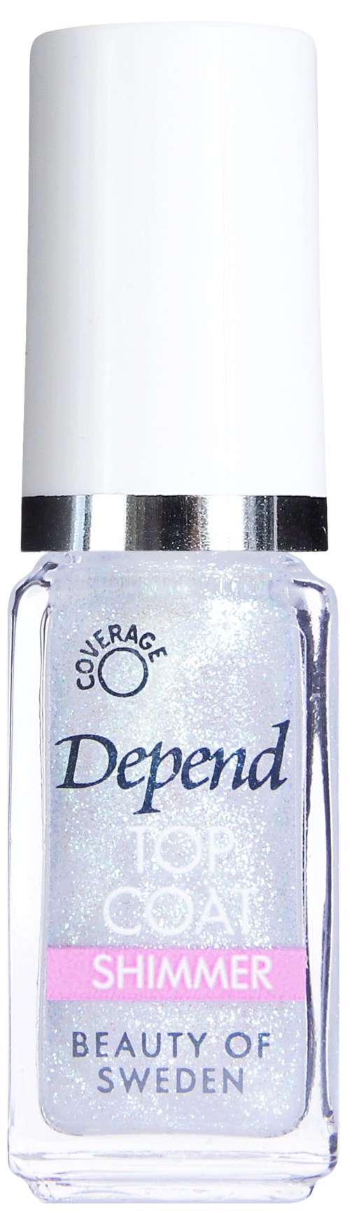 Klar nagellacksflaska med vit kork, märkt 'Depend Top Coat Shimmer,' från Sverige.