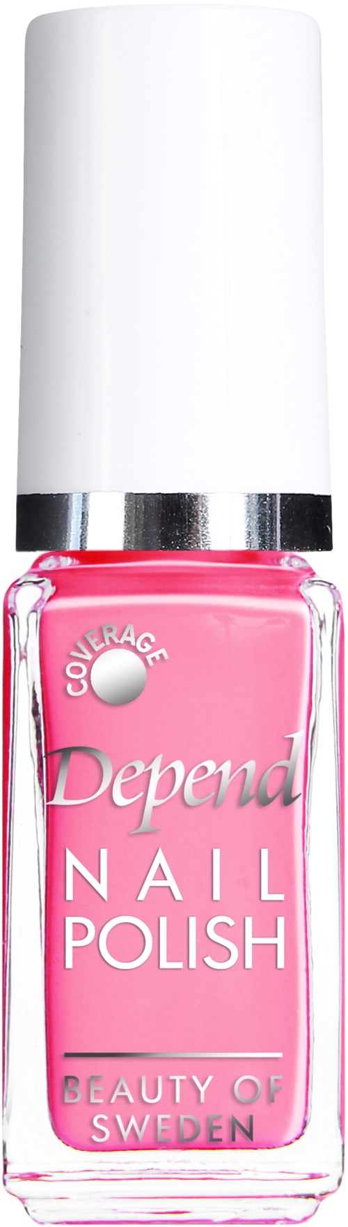 Rosa nagellackflaska med vit lock och silverring, märkt 'Depend Nail Polish, Beauty of Sweden.'