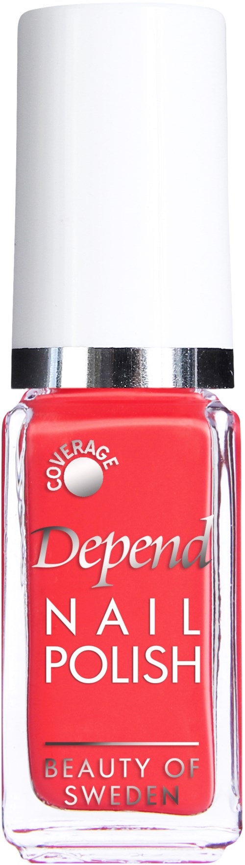 Röd nagellacksflaska med vit lock, märkt Depend Nail Polish, från Sverige.