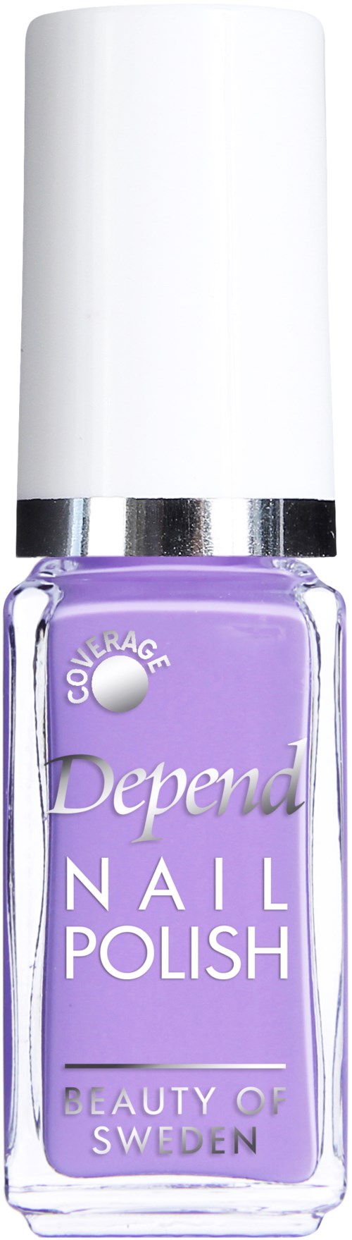 En flaska lavendel-lila Depend nagellack med vit lock och silverband, märkt 'Nail Polish' och 'Beauty of Sweden'.