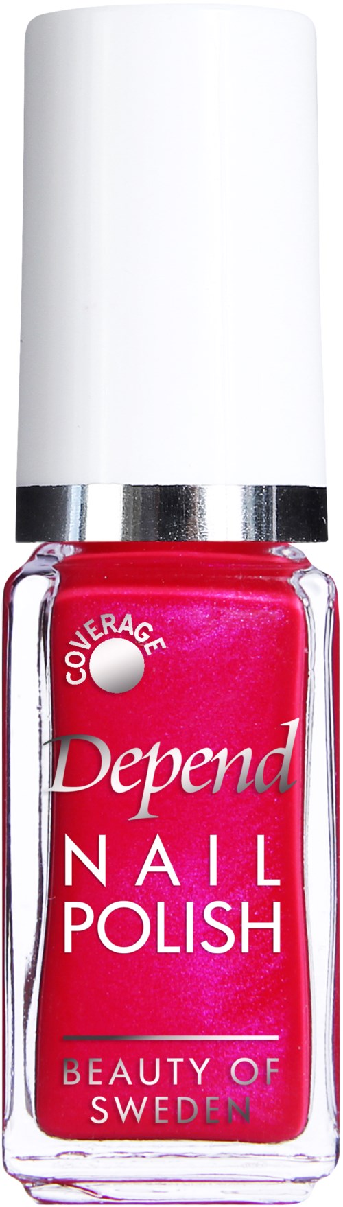 En flaska rosa nagellack med vit lock och silverband, märkt 'Depend' och 'Beauty of Sweden.'