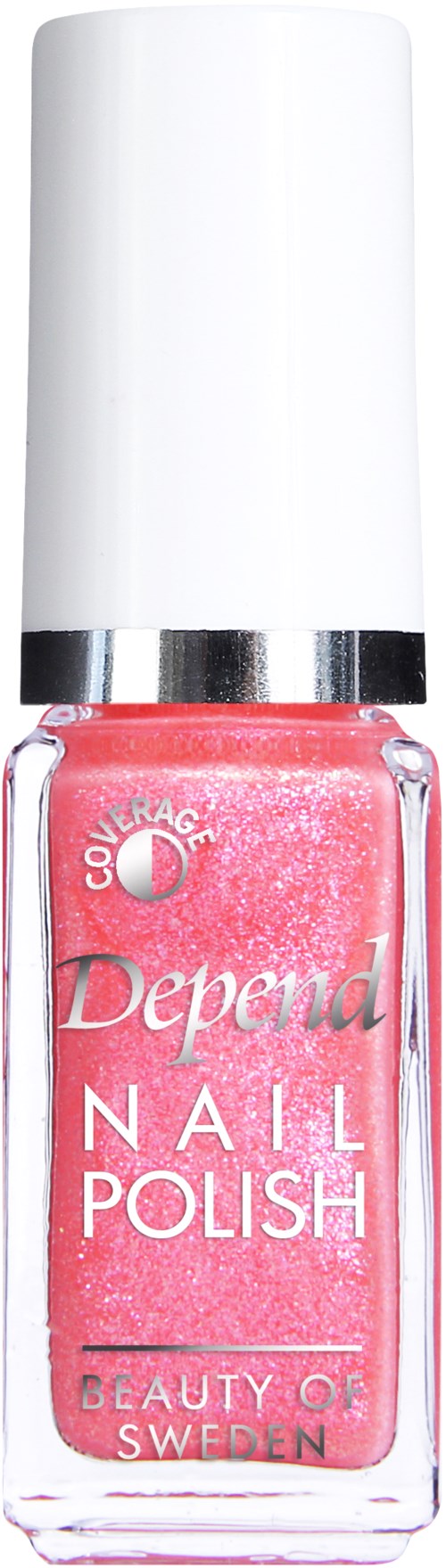 Rosa nagellacksflaska med vit topp, märkt 'Depend' och 'Beauty of Sweden' logotyp.