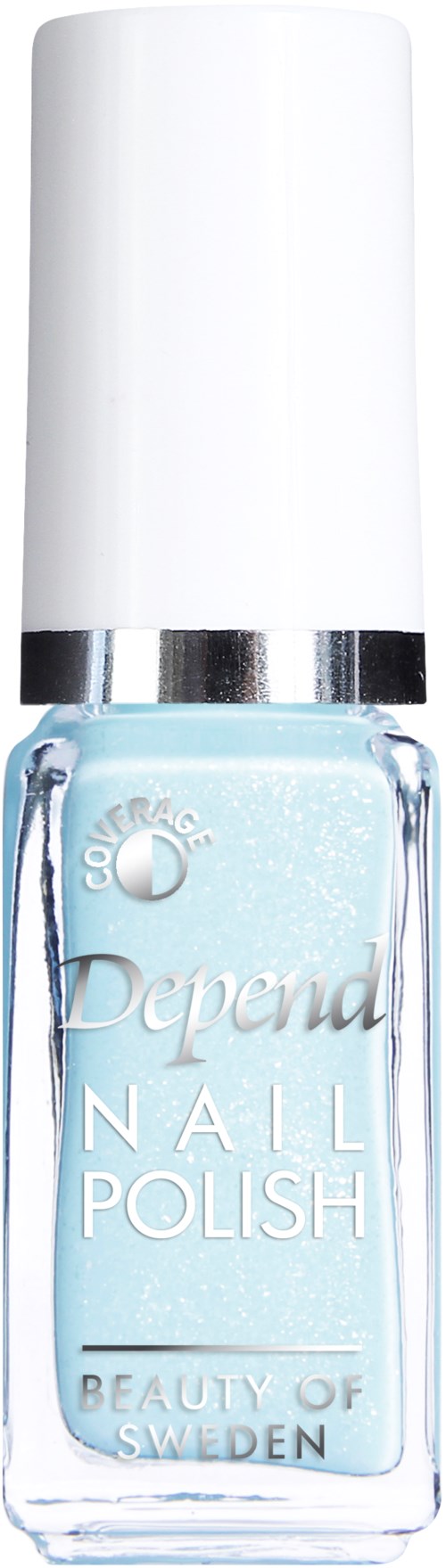 En ljusblå nagellackflaska med vit kork och silverband, märkt "Depage Nail Polish".