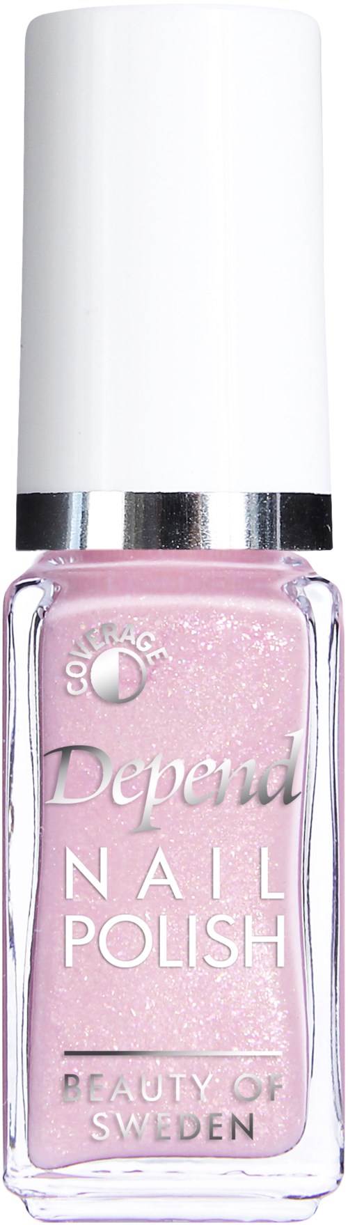En rosa flaska nagellack från Depend med vit lock och silverband, märkt "Beauty of Sweden."