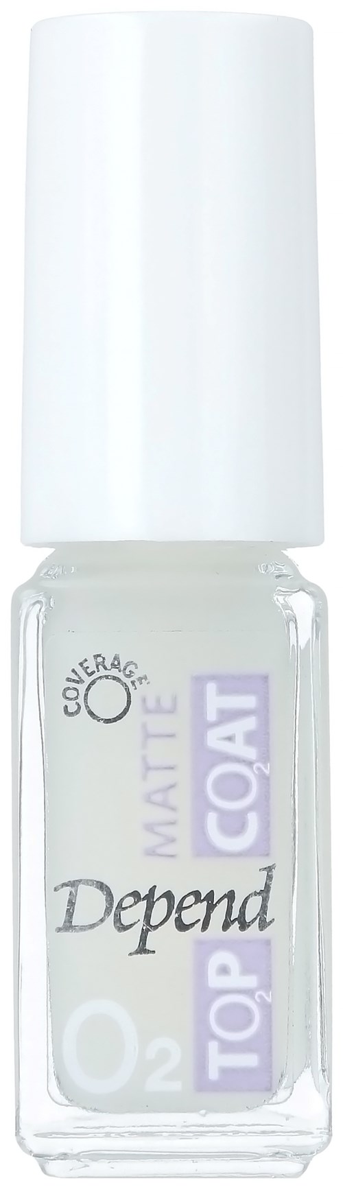 Dette er en klar neglelakkflaske merket "Depend Top Coat" som beskytter og gir glans til negler.