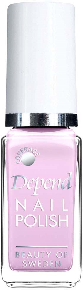 En lys rosa neglelakkflaske med hvit kapsel og sølvbånd. Tekst sier Depend Nail Polish, Beauty of Sweden.