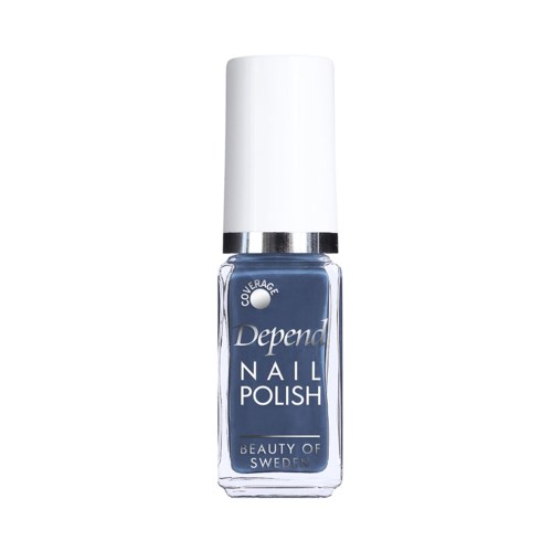 En flaska blå nagellack med vit kork och silverband, märkt 'Depend Nail Polish' från Sverige.