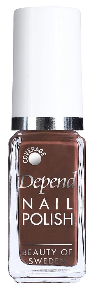 En flaska Depend nagellack med brunt färg och vitt lock.