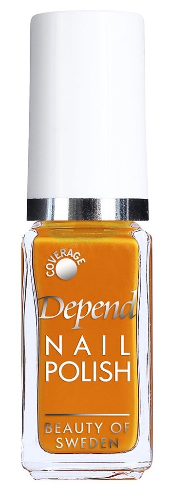 En flaska nagellack från Depend i orange färg, med vit kork och silverband, märkt 'Beauty of Sweden' och 'Coverage'.