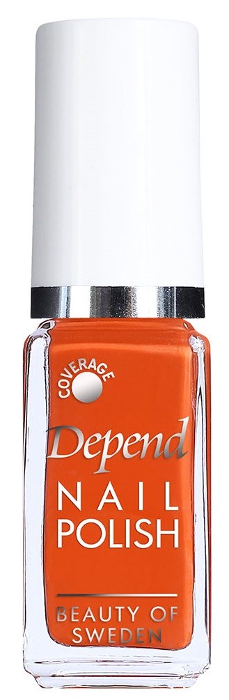 Orange Depend nagellackflaska med vit kork och silverring, märkt 'Beauty of Sweden'.