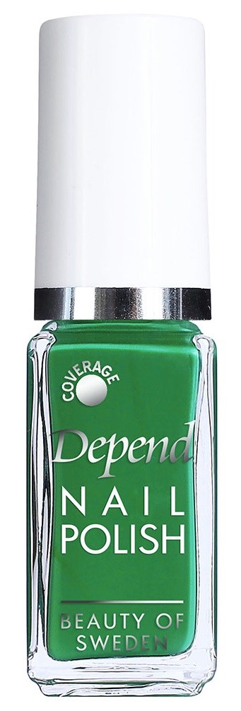 En grön nagellackflaska med vit och silverkapsyl, märkt "Depend Nail Polish" från Sverige.
