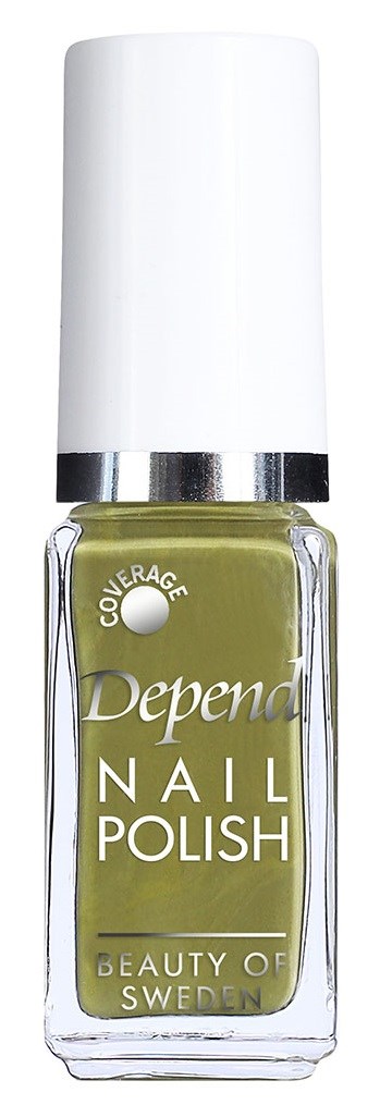 En flaska grön nagellack med vit kork, märkt 'Depend Nail Polish' från Sverige.