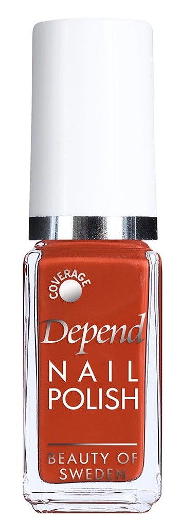 En liten flaska orange nagellack med vit kork och silverband, märkt 'Depend Nail Polish'.