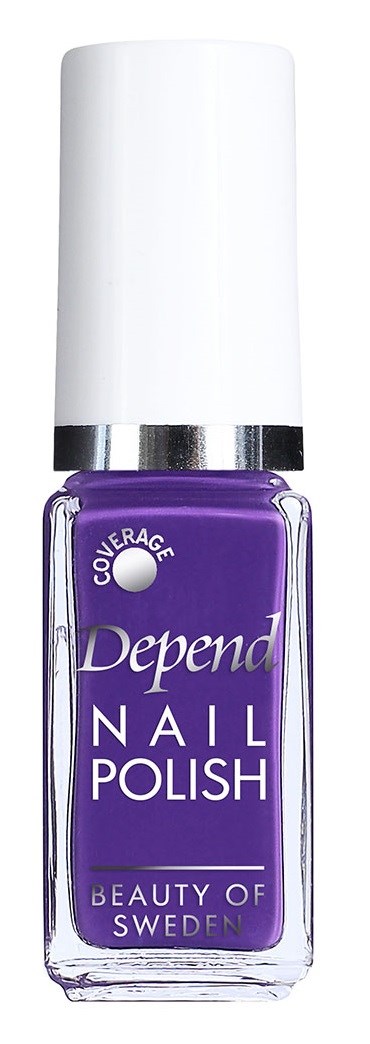 En flaska Depend nagellack i lila färg med vit kork och silverring, märkt 'Depend Nail Polish'.
